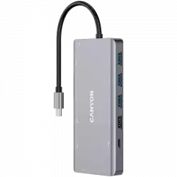 CANYON DS-12, 13 in 1 USB C hub, with 2*HDMI, 3*USB3.0: support max. 5Gbps, 1*USB2.0: support max. 480Mbps, 1*PD: support max 100W PD, 1*VGA,1* Type C data, 1*Glgabit Ethernet, 1*3.5mm audio jack, cable 15cm, Aluminum alloy housing,130*57.5*15 mm,DarK gray