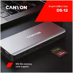 CANYON DS-12, 13 in 1 USB C hub, with 2*HDMI, 3*USB3.0: support max. 5Gbps, 1*USB2.0: support max. 480Mbps, 1*PD: support max 100W PD, 1*VGA,1* Type C data, 1*Glgabit Ethernet, 1*3.5mm audio jack, cable 15cm, Aluminum alloy housing,130*57.5*15 mm,DarK gray