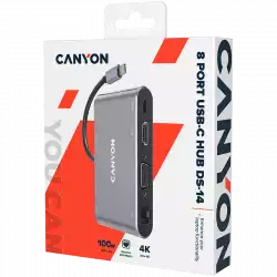 CANYON  DS-14, 8 in 1 USB C hub, with 1*HDMI: 4K*30Hz, 1*VGA, 1*Type-C PD charging port, Max 100W PD input. 3*USB3.0,transfer speed up to 5Gbps. 1*Glgabit Ethernet, 1*3.5mm audio jack, cable 15cm, Aluminum alloy housing,95*55*17.6 mm, 107g, Dark grey