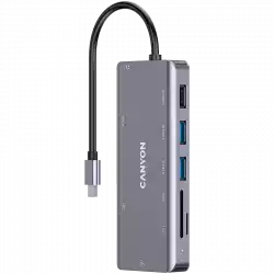 CANYON DS-11, 9 in 1 USB C hub, with 1*HDMI: 4K*30Hz,1*Gigabit Ethernet,, 1*Type-C PD charging port, Max 100W PD input. 2*USB3.0,transfer speed up to 5Gbps. 1*USB 2.0, 1*SD, 1*3.5mm audio jack, cable 18cm, Aluminum alloy housing115*46*15 mm, 88.5g, Dark gre
