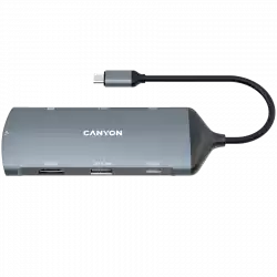 CANYON DS-15, 8 in 1 hub, with 1*HDMI,1*Gigabit Ethernet,1*USB C female:PD3.0 support max60W,1*USB C male :PD3.0 support max100W,2*USB3.1:support max 5Gbps,1*USB2.0:support max 480Mbps, 1*SD, cable 15cm, Aluminum alloy housing,133.24*48.7*15.3mm,Dark