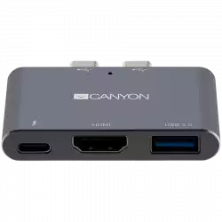 CANYON DS-1, Multiport Docking Station with 3 port, with Thunderbolt 3 Dual type C male port, 1*Thunderbolt 3 female+1*HDMI+1*USB3.0. Input 100-240V, Output USB-C PD100W&USB-A 5V/1A, Aluminium alloy, Space gray, 59*35.5*10mm, 0.028kg