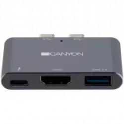 CANYON DS-1, Multiport Docking Station with 3 port, with Thunderbolt 3 Dual type C male port, 1*Thunderbolt 3 female+1*HDMI+1*USB3.0. Input 100-240V, Output USB-C PD100W&USB-A 5V/1A, Aluminium alloy, Space gray, 59*35.5*10mm, 0.028kg
