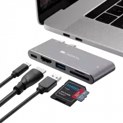 CANYON DS-5, Multiport Docking Station with 5 port, with Thunderbolt 3 Dual type C male port, 1*Thunderbolt 3 female+1*HDMI+1*USB3.0+1*SD+1*TF. Input 100-240V, Output USB-C PD100W&USB-A 5V/1A, Aluminium alloy, Space gray, 90*41*11mm, 0.04kg