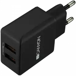 CANYON H-03 Universal 2xUSB AC charger (in wall) with over-voltage protection, Input 100V-240V, Output 5V-2.1A, with Smart IC, black rubber coating with side parts+glossy with other parts, 80*42.5*23.8mm, 0.042kg