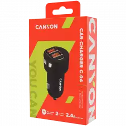 CANYON Universal  2xUSB car adapter, Input 12V-24V, Output 5V-2.4A, with Smart IC, black rubber coating with silver electroplated ring