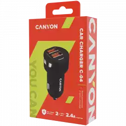 CANYON Universal  2xUSB car adapter, Input 12V-24V, Output 5V-2.4A, with Smart IC, black rubber coating with silver electroplated ring