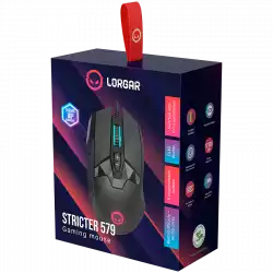 LORGAR Stricter 579, gaming mouse, 9 programmable buttons, Pixart PMW3336 sensor, DPI up to 12 000, 50 million clicks buttons lifespan, 2 switches, built-in display, 1.8m USB soft silicone cable, Matt UV coating with glossy parts and RGB lights with 4 LED flowing modes, size: 131*72*41mm, 0.127kg, black