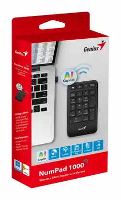 Genius цифрова безжична клавиатура кийпад Keypad Wireless NumPad 1000 - AI, 2.4G, Black