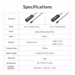 Orico хъб HUB USB3.1 3 port - 2 x USB3.0, 1 x Type C, Black - PWC2U-C3-015-BK