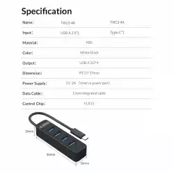 Orico хъб USB3.0 HUB 4 port - Type C input, aux Type-C power input - TWC3-4A