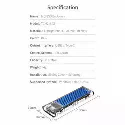 Orico външна кутия за диск Storage - Case - M.2 NVMe/SATA M/B key - USB3.1 Type-C Gen.2 10Gbps, Blue - TCM2M-C3