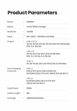 Ugreen универсално зарядно за стена Charger Wall 100W GaN Nexode CD328, 1 x USB-A, 3 x Type-C - 90928