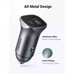 Ugreen зарядно за кола Fast Charger Car - Type-C + USB QC3.0, Power Distribution 30W CD130 - 40858