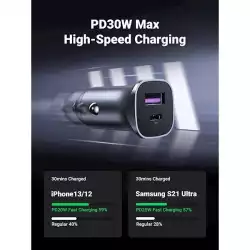 Ugreen зарядно за кола Fast Charger Car - Type-C + USB QC3.0, Power Distribution 30W CD130 - 40858