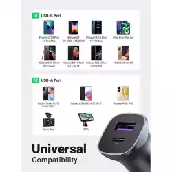 Ugreen зарядно за кола Fast Charger Car - Type-C + USB QC3.0, Power Distribution 30W CD130 - 40858