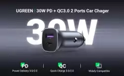 Ugreen зарядно за кола Fast Charger Car - Type-C + USB QC3.0, Power Distribution 30W CD130 - 40858