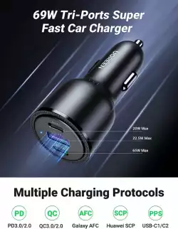 Ugreen зарядно за кола Fast Charger Car - 2 x Type-C, 1 x USB-A QC3.0, Power Distribution 69W CD239 - 20467