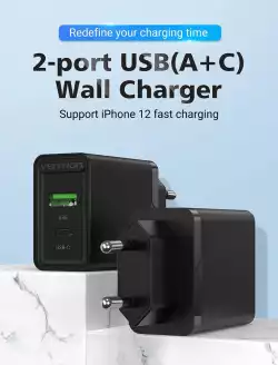 Vention бързо зарядно Fast Charger Wall - QC4.0, PD Type-C + QC3.0 USB A, 20W Black - FBBB0