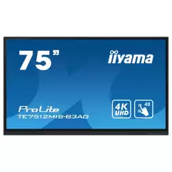 Дисплей IIYAMA TE7512MIS-B3AG, 75" IPS Panel, PureTouch-IR, Anti-Glare, 16:9, 3840 x 2160, 400cd/m2, 1200:1, 8ms, VGA, 3x HDMI, USB-C, 5x USB, LAN, RS-232c, IR, HDMI Out, SPDIF, Speakers, Android 11, iiWare 10, WiFi, Bluetooth, Quad core A55 CPU, 8GB, 64GB, OPS Slot, 24/7, VESA