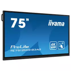 Дисплей IIYAMA TE7512MIS-B3AG, 75" IPS Panel, PureTouch-IR, Anti-Glare, 16:9, 3840 x 2160, 400cd/m2, 1200:1, 8ms, VGA, 3x HDMI, USB-C, 5x USB, LAN, RS-232c, IR, HDMI Out, SPDIF, Speakers, Android 11, iiWare 10, WiFi, Bluetooth, Quad core A55 CPU, 8GB, 64GB, OPS Slot, 24/7, VESA