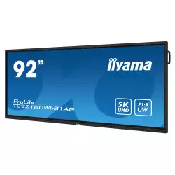 Дисплей IIYAMA TE9218UWI-B1AG, 91.5", VA panel, AG, 21:9, 5K UHD 5120x2160, 500cd/m2, 4000:1, 6.5ms, PureTouch-IR⁺, Android 13, WiFi 6, A76*4+A55*4, 8GB, 64GB, Microsoft Teams Front Row, 4x HDMI, DP, 2x USB-C, RS232c, 2x LAN, 6x USB, HDMI Out, 8-array Mic, 16/7, VESA, Black