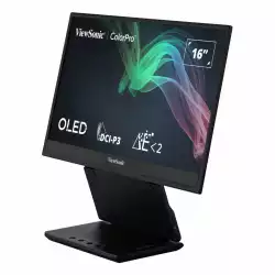 Портативен монитор ViewSonic VP16- OLED, 15.6", OLED Panel, Glare, 1920x1080, 16:9, 400cd/m2, 100000:1, 20M:1, 1ms, 60Hz, sRGB, Adobe RGB, DCI-P3, EBU, REC709, SMPTE-C, Blue Light Filter, micro HDMI, USB-C, PD 40W, Audio Out, Speakers, Tilt, External Power Adaptor, Black