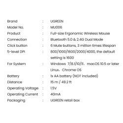 Безжична оптична мишка Ugreen MU006 159933 USB 2.4GHz / Bluetooth 5.0 4000 DPI - червена