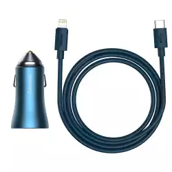 Зарядно за кола Baseus Golden Contactor Pro с USB-A и USB-C изход 40W + кабел Type-C към Lightning 1м, син