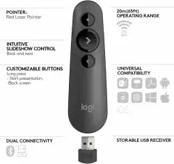 Безжичен презентер Logitech R500s, Bluetooth, 2.4 GHz Wireless, Сив