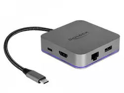 Докинг станция Delock, USB-A, USB-C, HDMI, Gigabit LAN, PD, Подсветка, Сива