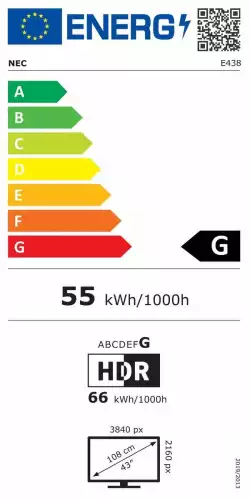 Широкоформатен дисплей NEC MultiSync E438, 43", UHD, 350cd/m2, Direct LED backlight, 16/7 proof, Media Player