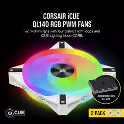 Вентилатори Corsair iCUE QL140 RGB PWM, 2 Fan комплект, Включен контролер Lightning Node CORE, Бял