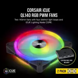 Вентилатори Corsair iCUE QL140 RGB PWM, 2 Fan комплект, Включен контролер Lightning Node CORE, Черен