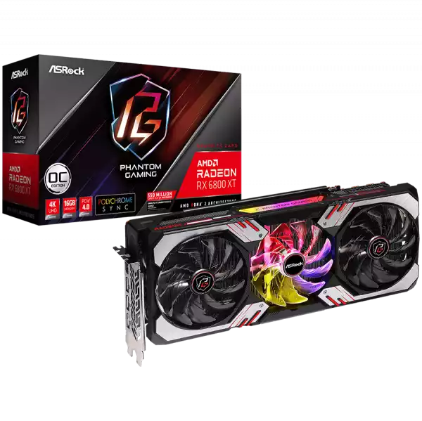 ASROCK Video Card AMD Radeon RX6800 XT Phantom Gaming 16GB OC, GDDR6, 256-bit, 3 x DisplayPort™ 1.4 with DSC, 1 x HDMI™ 2.1 VRR, 3 x 8-pin Power Connectors, Recommended PSU 800W