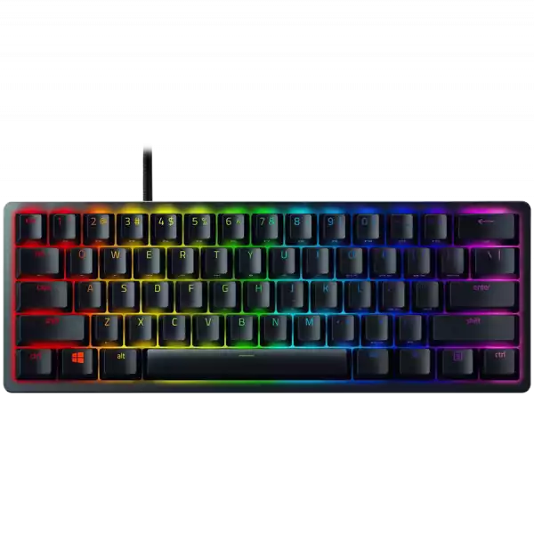 Razer Huntsman Mini - Clicky Optical (Purple Switch) - US - Black, Gaming Keyboard, Razer™ Optical Switches, size 60%, RGB Chroma, Doubleshot PBT Keycaps With Side-Printed Secondary Functions, Standard Bottom Row Layout, Fully programmable keys with on-the-fly macro recording, 1000 Hz Ultrapolling, Aluminum construction