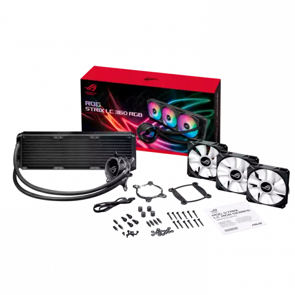ASUS ROG STRIX LC 360 RGB all-in-one liquid CPU cooler with Aura Sync RGB and ASUS ROG 120mm ARGB radiator fan