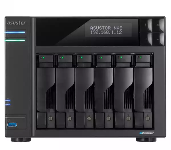 Asustor Lockerstor  AS6706, 6 Bay NAS, Intel Jasper Lake Quad-Core 2.0GHz, 8GB RAM DDR4, 2.5GbEx2, M.2 SSD Slots x 4 (Diskless), USB 3.2 Gen 2x2, Toolless installation, with hot-swappable tray, hardware encryption, MyArchive, EZ connect, EZ Sync, Black