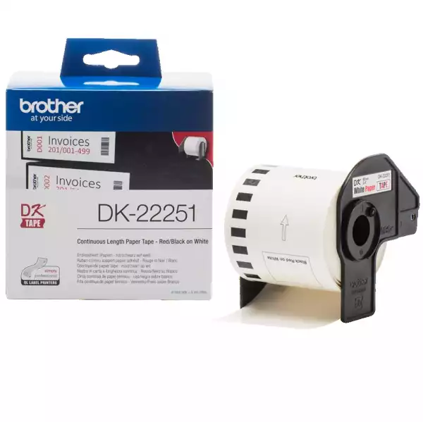 Brother DK-22251 Roll, Black and Red on White Continuous Length Paper Tape, 62mm x 15.24m