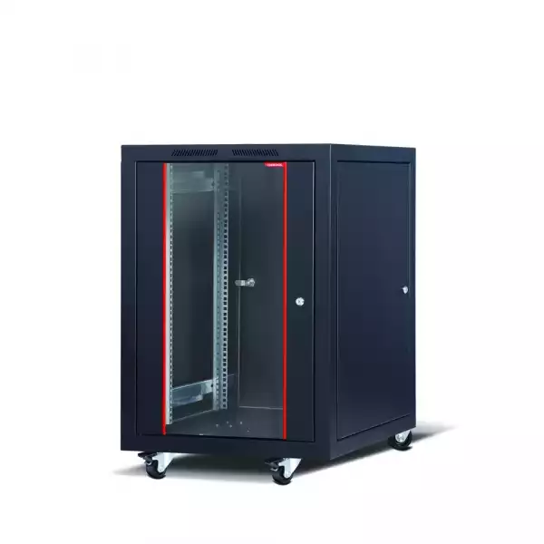 Formrack 19" Free standing rack 16U 600/600mm, height: 942 mm, loading capacity: 600 kg, front tempered glass door, openable locking sides and back (does not include castor/feet group)