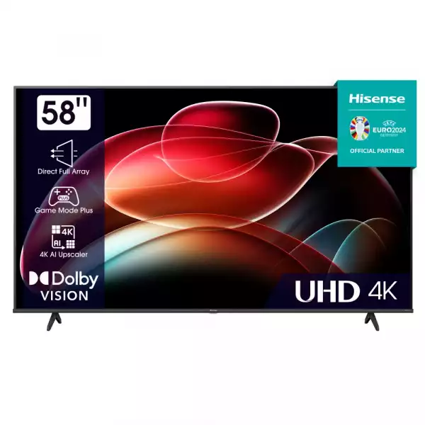 Телевизор Hisense 58" A6K, 4K Ultra HD 3840x2160, DLED, DFA, Precision Colour, HDR 10+, HLG, Dolby Vision, DTS Virtual X, Smart TV, WiFi, BT, AnyView Cast, Gaming Mode, 1xHDMI2 eArc, 2xHDMI, 2xUSB, LAN, CI+, DVB-T2/C/S2, Black