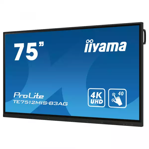 Дисплей IIYAMA TE7512MIS-B3AG, 75" IPS Panel, PureTouch-IR, Anti-Glare, 16:9, 3840 x 2160, 400cd/m2, 1200:1, 8ms, VGA, 3x HDMI, USB-C, 5x USB, LAN, RS-232c, IR, HDMI Out, SPDIF, Speakers, Android 11, iiWare 10, WiFi, Bluetooth, Quad core A55 CPU, 8GB, 64GB, OPS Slot, 24/7, VESA