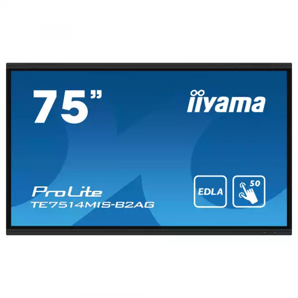 Дисплей IIYAMA TE7514MIS-B2AG, 75" VA Panel, Anti-Glare, 16:9, 3840x2160, 435cd/m2, 5000:1, 8ms, PureTouch-IR+, DP, 4x HDMI, 2x USB-C, RS232, LAN, IR, HDMI Out, SPDIF, 4x USB, Android 13 OS, Google EDLA Certified, iiWare 12E, WiFi, BT, 24/7, 8GB, 64GB, OPS Slot, VESA, Black