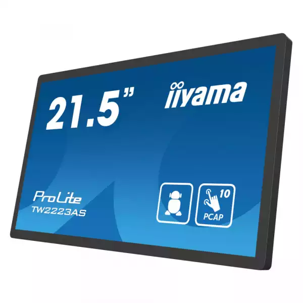 Компютър IIYAMA TW2223AS-B2, Touch Panel PC, 21.5", VA panel, FHD 1920x1080, 16:9, 400cd/m2, 3000:1, 18ms, Edge to edge glass, PCAP touch, HDMI, LAN, 5x USB, Speakers, Mic, Android 12 OS, RK3399, 4GB, 32GB, WiFi, BT, SD card slot, 24/7, Portrait, Face Up, VESA 100, Black