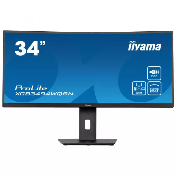 Монитор IIYAMA XCB3494WQSN-B5 34", VA Panel, Anti Glare, 3440x1440 @@ 120Hz, 21:9, 0.4ms, 300cd/m2, 3000:1, Curved 1500R, KVM Switch, HDMI, DisplayPort, USB-C dock (65W PD), RJ45, 3x USB 3.0, Speakers, VESA 100, HAS, Tilt, AMD FreeSync Premium, HDR, Black