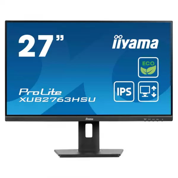 Монитор IIYAMA XUB2763HSU-B1, 27" IPS LED panel, AG, 16:9, FHD 1920x1080, 3ms, 100Hz, 250cd/m2, 1300:1, 80M:1, HDMI, DP, 2x USB, Speakers, Blue light reducer, Flicker free, HAS, Swivel, Tilt, Pivot, EPEAT Silver, VESA 100, Black