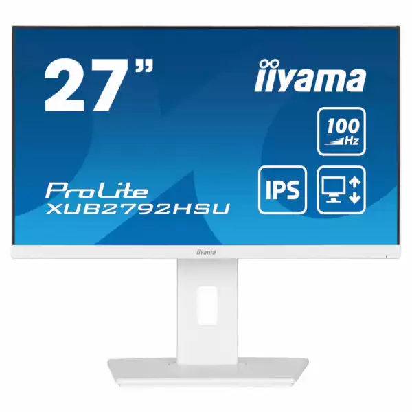 Монитор IIYAMA XUB2792HSU-W6, 27 inch, IPS LED panel, 3-side borderless, Anti-Glare, 16:9, FHD 1920x1080, 250 cd/m2, 1300:1, 100Hz, 0.4ms, Blue light reducer, FreeSync support, Flicker free, i-Style colour, HDMI, DP, 4x USB, Speakers, HAS, Swivel, Tilt, Pivot, VESA 100, Бял