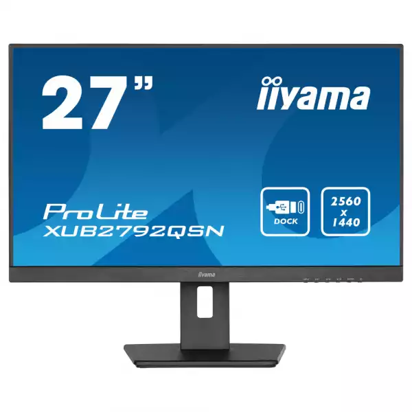 Монитор IIYAMA XUB2792QSN-B5, 27" IPS LED Panel, AntiGlare, 3-side borderless, 16:9, 2560 x 1440, 350cd/m2, 1000:1, 80M:1, 4ms, Blue light reducer, Flicker free, HDMI, DisplayPort, USB-C (PD 65W), 2x USB, LAN, HDCP, Speakers, HAS, Swivel, Pivot, Tilt, VESA, Black