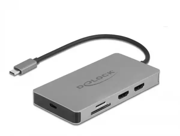 Докинг станция Delock USB-C - Dual HDMI, USB 3.2, SD, LAN, PD3.0, Сива