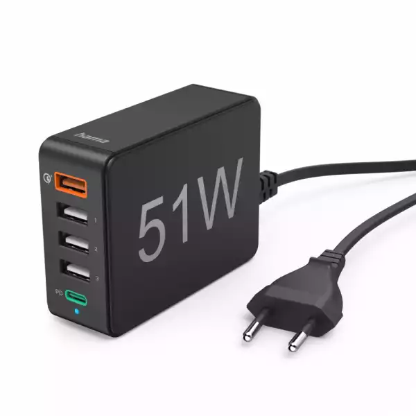 Мрежово зарядно HAMA 51 Watt, 5xUSB, QC3.0, 3x USB-A, USB-C PD, Черен